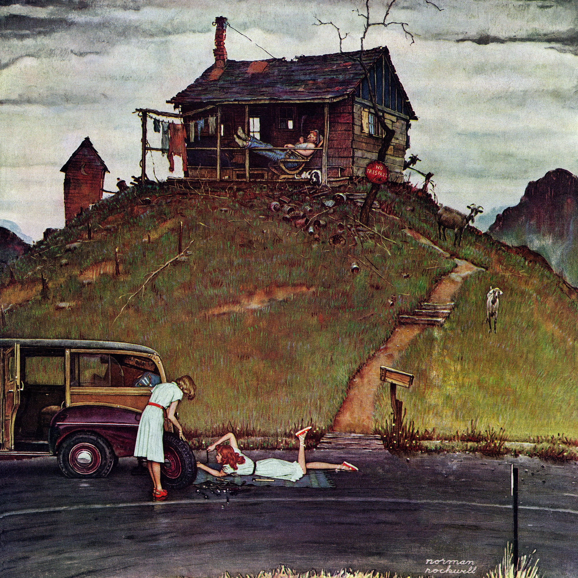 "Changing a Flat" by Norman Rockwell Painting Print on Canvas