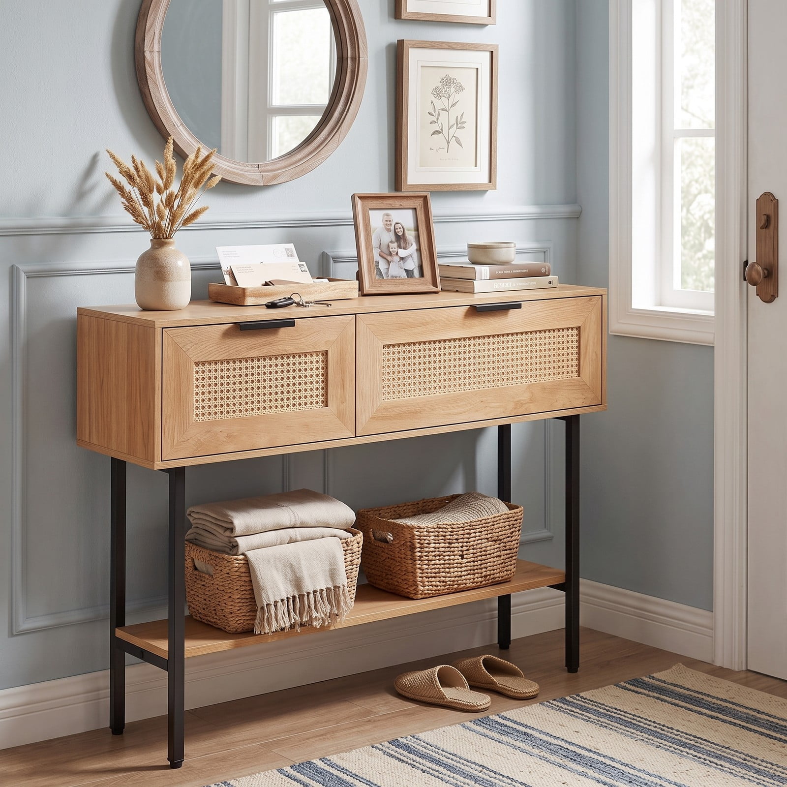Furnibear Rattan Console Table with 2 Storage Drawers and Open Shelf and Carbon Steel Frame for Entryway and Hallway, Natural