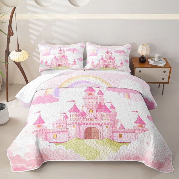 Erosebridal Dreamy Castle Twin Quilt Set for Girls, Kawaii Rainbow Twin Coverlet Set, 2-Piece 1 Quilt and 1 Pillowcase