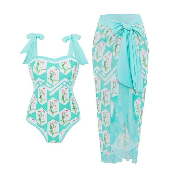 Edvintorg Swimsuit Women Cover Up Summer French Vintage Printed Swimwear Open Back Sexy Skirt Resort Beach Skirt Two Piece Swimwear