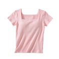 thumbnail image 2 of Fanxing Built in Bra Tops for Women 2025 Casual Solid Built in Bras Tops Casual Short Sleeve Workout Gym Shirts Pink,L, 2 of 8