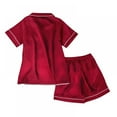 thumbnail image 2 of Summer Kids Girl Pure Color Imitate Silk Pajamas Short Sleeve Blouse Short Pants Sleepwear Suit ,5-14 Years, 2 of 6