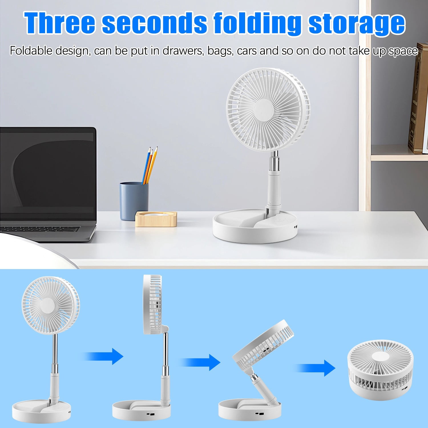 Cikuci Portable Floor Table Desk Fan with Adjustable Height, USB Rechargeable  4 Speed Pedestal Fan for Bedroom Office Camping Travel