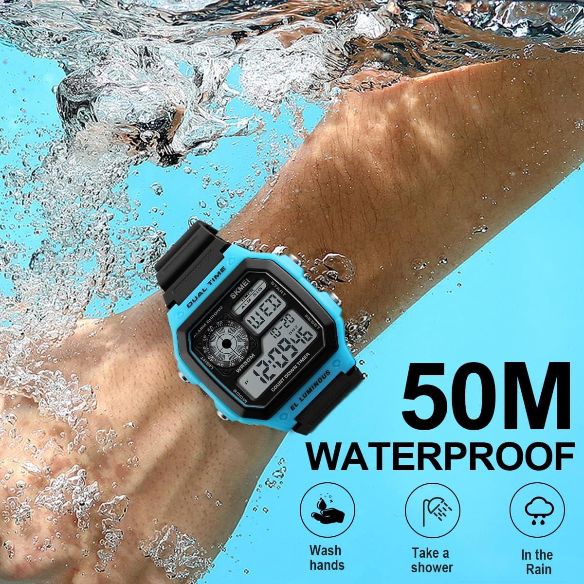 Wrist Watch for Men, Digital Sports Waterproof Watch with Dual Time Chronograph Countdown Alarm Backlight