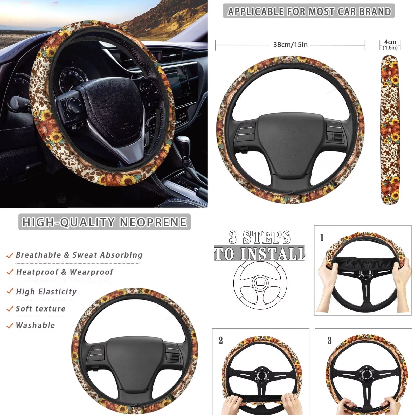 FKELYI Car Seat Covers with Steering Wheel Cover American Tribal Sunflower Highland Cow Print Auto Center Console Pad Seat Belt Pads Head Rest Covers Gear Shift Cover Hanbrake Cover, 16 Pcs