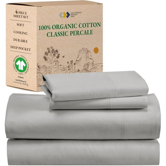 SHILIU-100% Organic Cotton Sheets for King Size Bed, Percale Deep Pocket King Sheets, GOTS Certified, Percale Sheets, Hotel Sheets, 4 Piece King Size Sheets, Light Grey Sheets