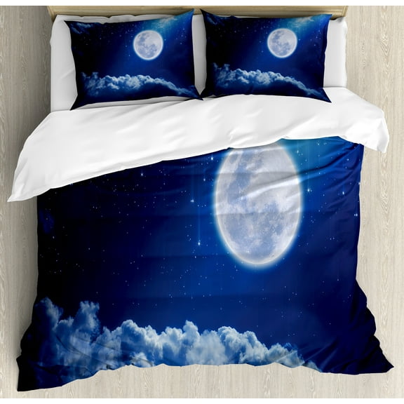 Ambesonne Moon Duvet Cover Set, Full Moon Falling Stars, Calking, Indigo Blue White