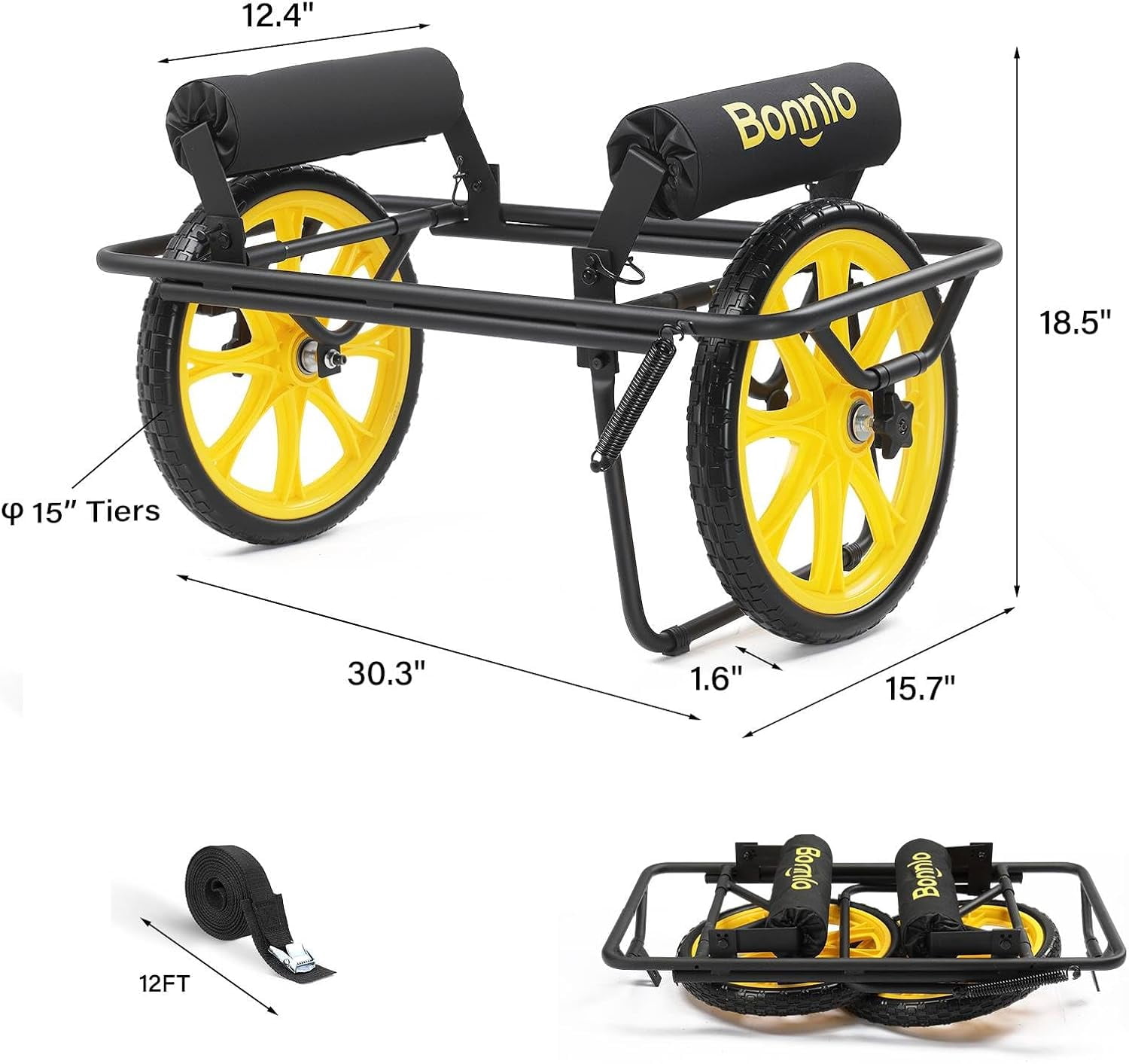 WBTER Canoe Kayak Cart, All-Terrain Trolley Carrier with 15" Large Solid Wheels, 330lbs Heavy Duty Transport Kayak Trolley, Adjustable 4 Postions (8.66"-19.69") to Fit Small Boats