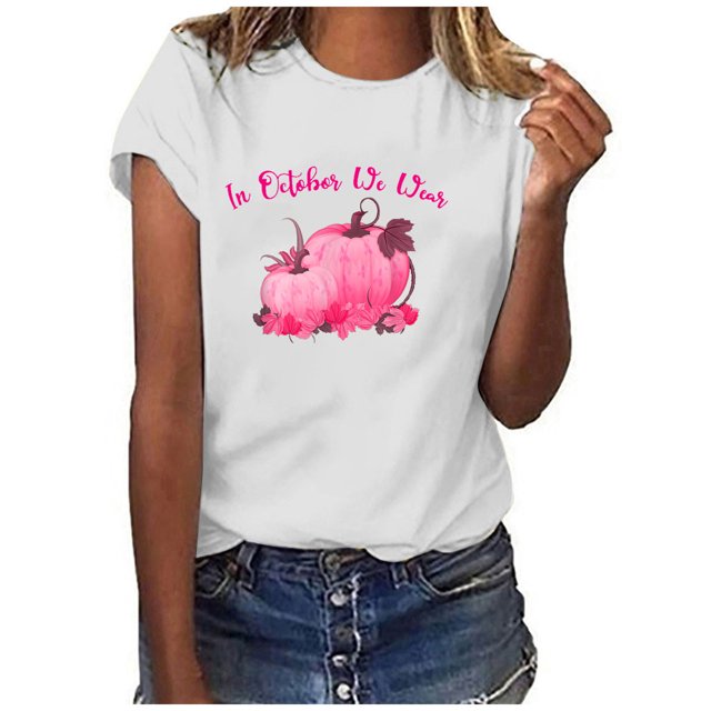 En Octobre Nous Portons des Hauts Roses pour Femmes Col Rond Manches Courtes Blouse Décontractée Imprimée Sensibilisation au Cancer du Sein