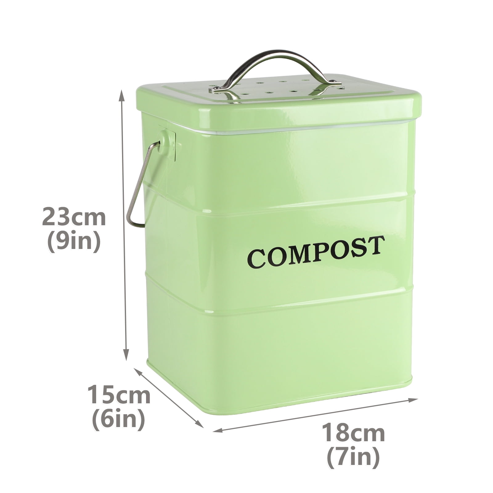 Pethiy 1 Gallon Compost Bucket for Kitchen, Countertop Indoor Compost Pail with Charcoal Filter for Odor-Free Food Scraps, Carbon Steel with Handles, Green
