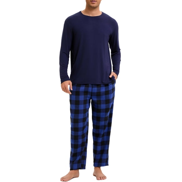 INSPIRAR CHIC Pijama de Dos Piezas para Hombre de Manga Larga en Color Sólido con Patrón de Cuadros 2XL Azul Oscuro