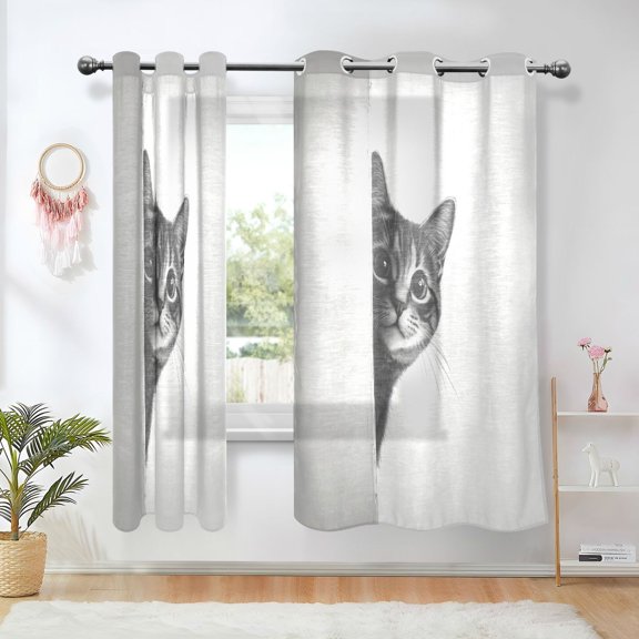 Yayeee Window Curtains Light Filtering 63"x42" Grommet Panel Pair Home Living Room Decor, Black Cute Cat