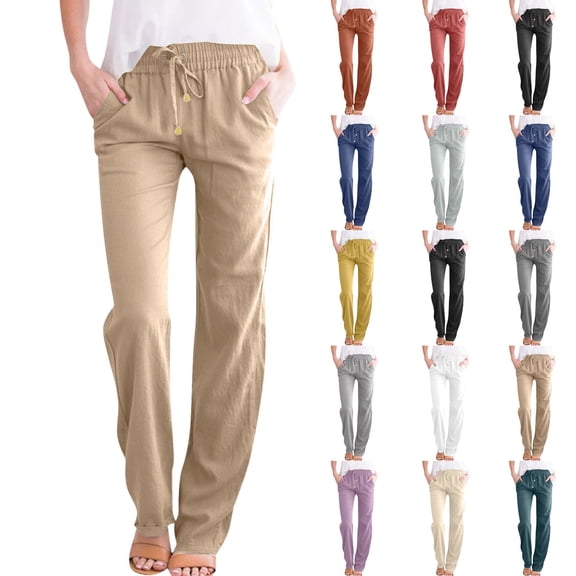 WULMLEO Linen Pants Women Summer Drawstring Straight Leg Pants High Waisted Loose Fit Casual Beach Trousers with Pockets Khaki S