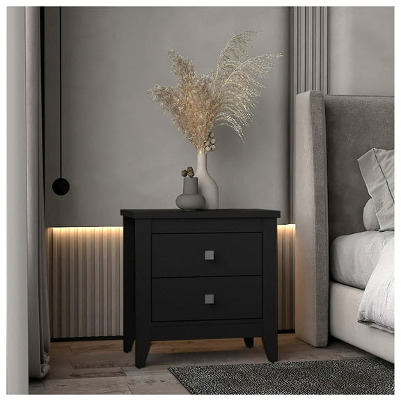 Nightstand with 2 Drawers, Black Wengue - Modern Bedroom Furniture, Storage Night Stand, Minimalist Style Side Table Black Particle Board