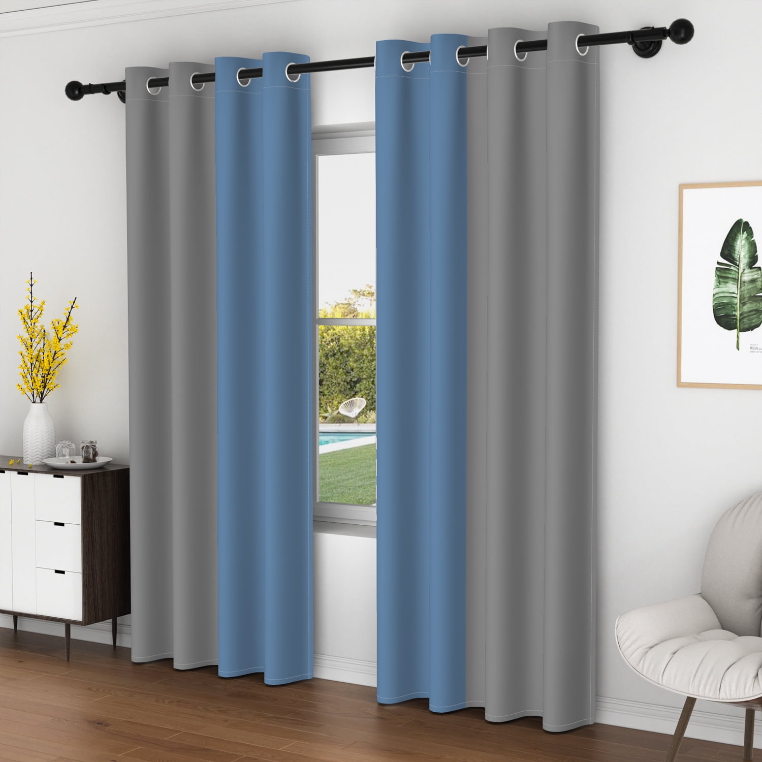 Lfeey Gray Blue Blackout Curtains 63 Inches Long, Room Darkening Grommet Curtains, 2 Panels