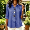 thumbnail image 4 of Womens Plus Size Tops Cotton Linen 3/4 Sleeve Shirts for Women Button Down Plaid Printed Lapel Loose Summer Fall Top S-4XL, 4 of 5