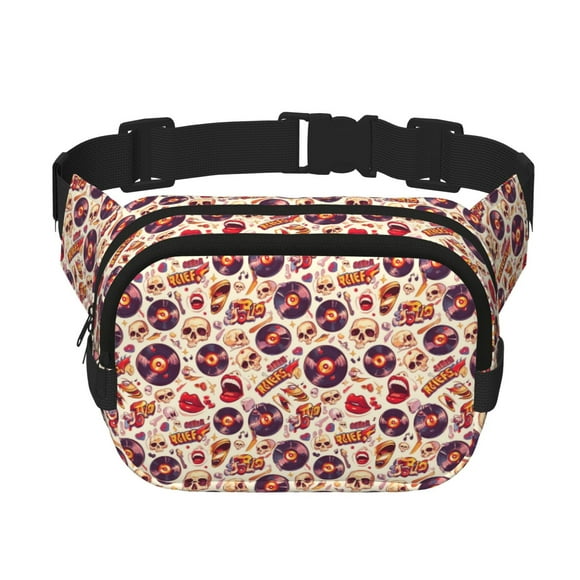 Saiise Sac Banane Double Compartiment Motif Crâne de Musique rock Sac de Taille Carré Réglable Mains Libres Ceinture de Course Randonnée Sécurité Voyage Bandoulière en Sergé