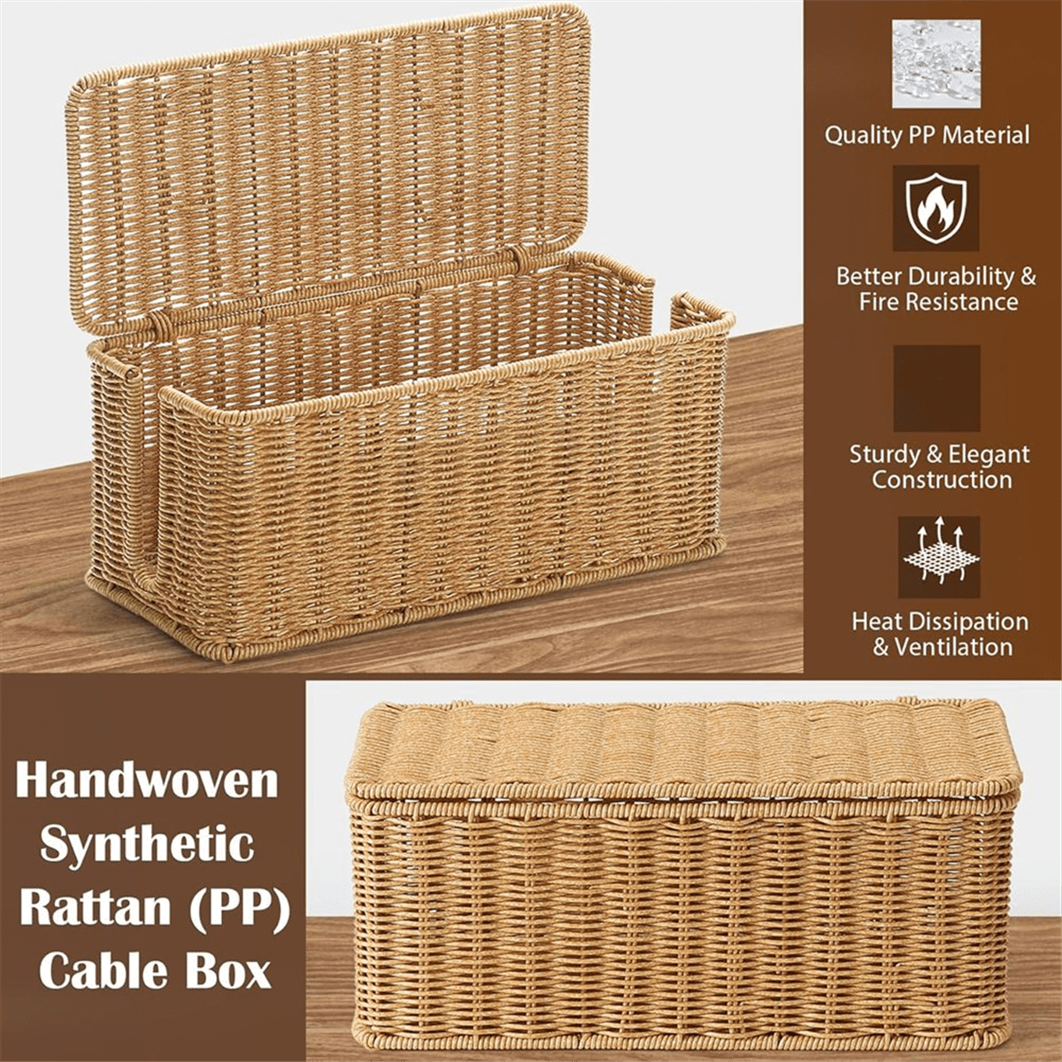 2Pack Cable Management Box, Handwoven Imitation Rattan Cord Organizer Box, Decorative Cord Hider Box,2 * Cable Organizer Box