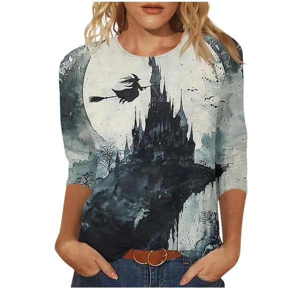 successthop Adult Women's Halloween Shirts Witch 3/4 Sleeve Crewneck Tops Festival Tee Fall Plus Size Awareness Clothes