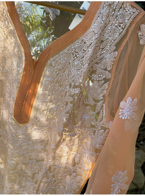 Peach Tunic Kaftan, Summer Sheer Dress, Floral Embroidered SM
