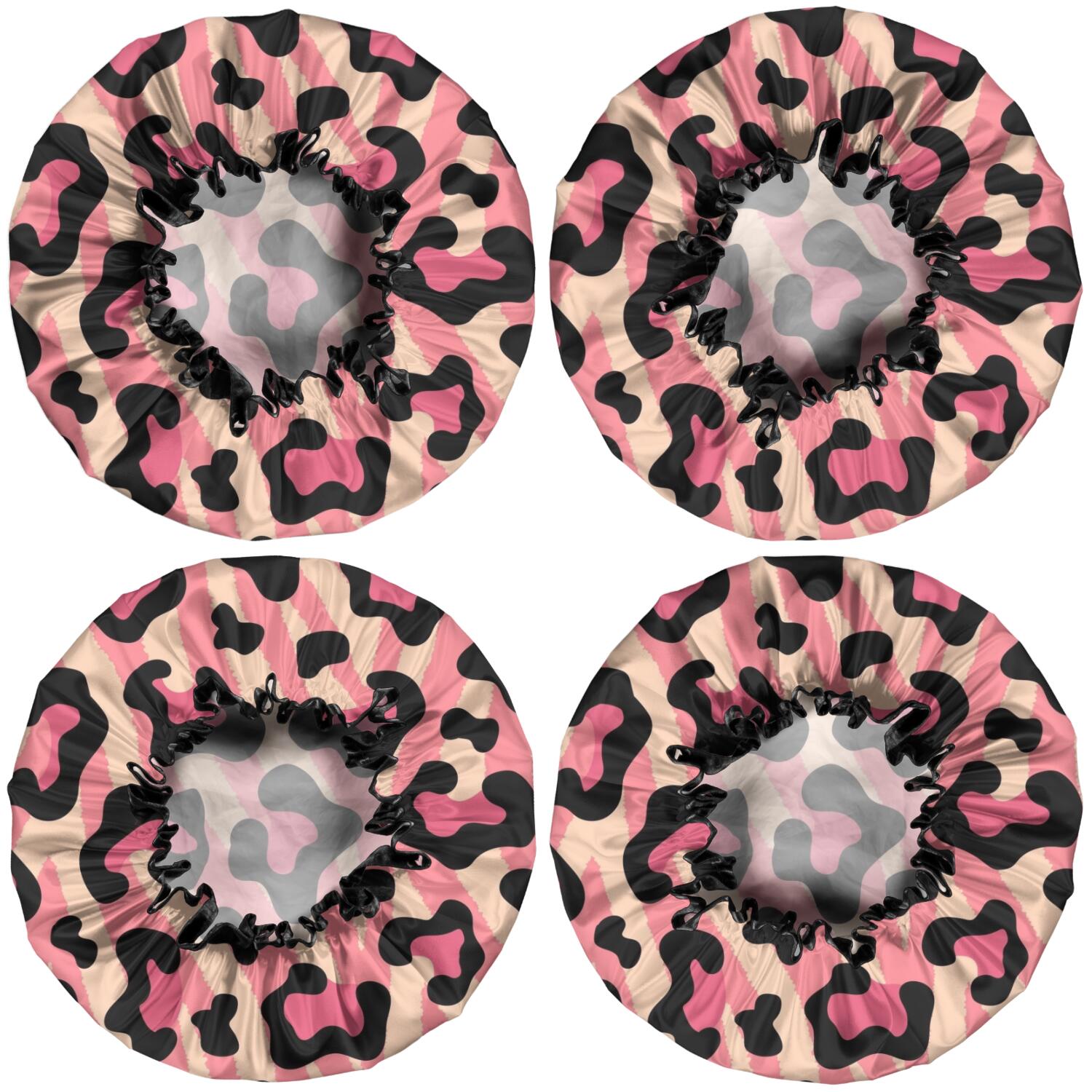Shower Caps,Pink and Black Of Leopard Print Waterproof Shower Cap for Women 4 Pieces,Double Reusable Hair Cover for Shower PEVA Elastic Stretch Hem