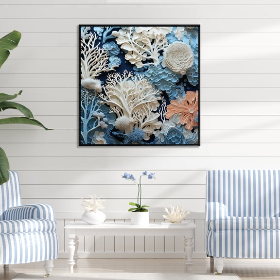 Designart "Collage Of Blue And White Underwater Corals I" Coastal Floater Framed Canvas Prints