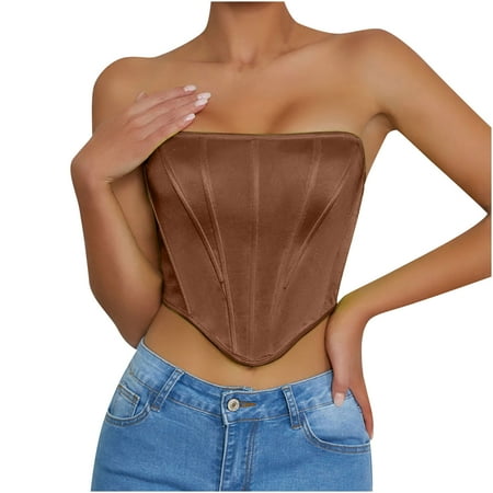 JGGSPWM Women Solid Satin Tank Tops Bandeau Vest Off the Shoulder Tees Dressy Y2k Crop Tshirts Corset Tops Tops Sleeveless Shirts Brown XS