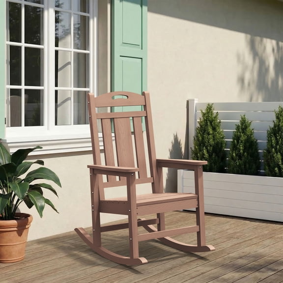 Oversized HDPE Outdoor Rocking Chair, All-Weather High Back Porch Rocker, Teak