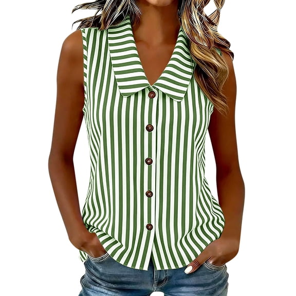 cocolona Womens Summer Striped Tank Tops Collar Sleeveless Button Shirts Trendy Casual Slim Fit Blouses