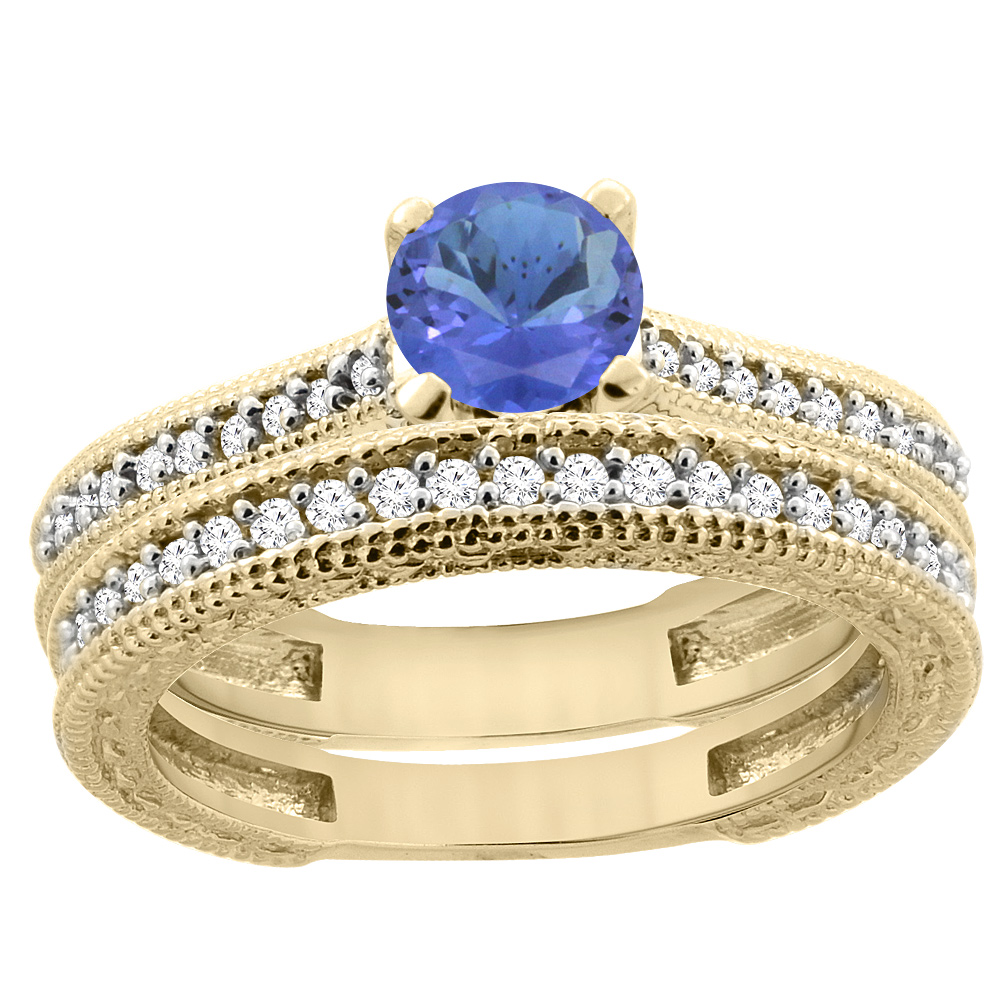 14K Yellow Gold Natural Tanzanite Round 5mm Engraved Engagement Ring 2-piece Set Diamond Accents, size 5 by Gabriella Gold