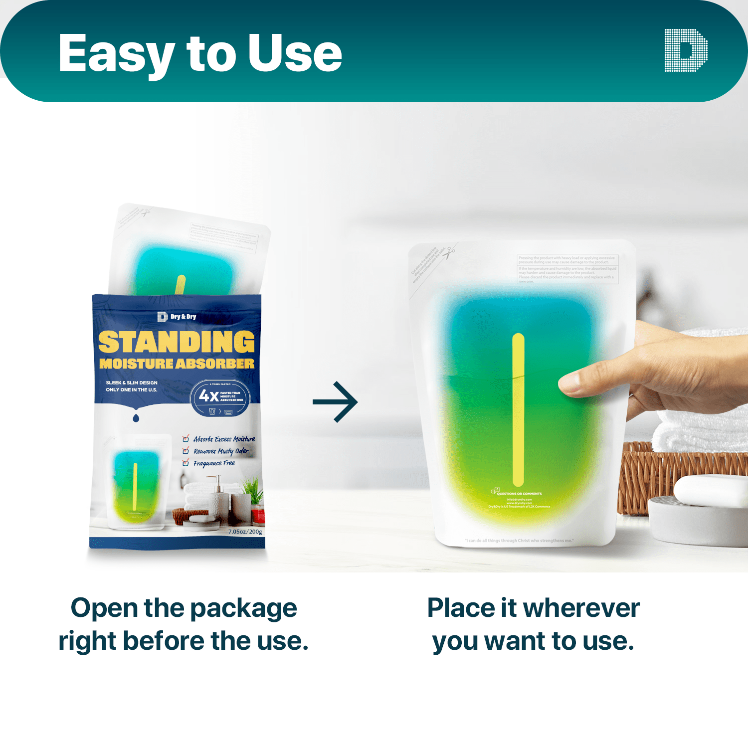 Dry & Dry [70 Packs Standing Moisture Absorbers to Control Excess Moisture for Basements, Closets, Bathrooms, Laundry Rooms - Moisture Absorbers, Standing Moisture Absorbers