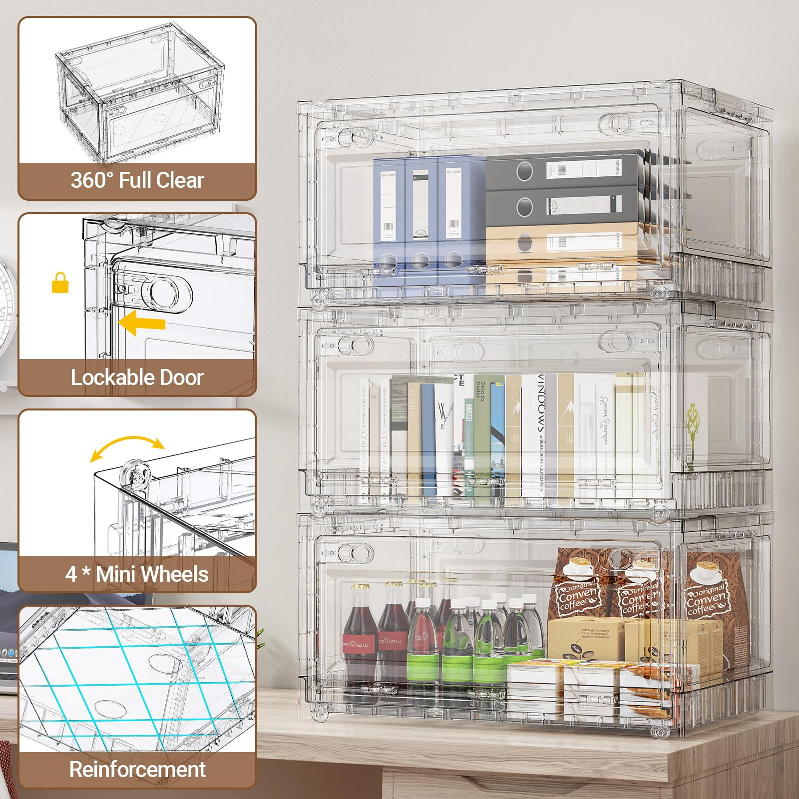 BROVIEW Full Clear Storage Bins Large 320Qt, Shiny Plastic Display Box, for Home Crafts Makeup, Stackable & Foldable, Individual Lids & Wheels, 4Pack