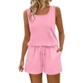 thumbnail image 2 of Women's Two Piece Set, Sleeveless Crew Neck Tank Top and Drawstring Waist Shorts with Pockets, Summer Loungewear Short Set, Casual Matching Outfit and Beach Cover Up-Pink, 2 of 8