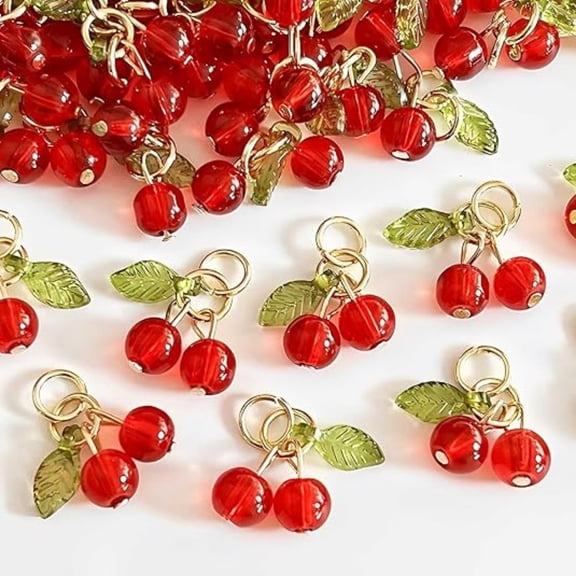Red Cherry Charms 30 Pcs Mini Cute Glass Pendants for Jewelry Making