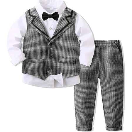 

QWZNDZGR Baby Boys Gentleman Bowtie Blue Suits Set Long Sleeve +Vest+Pants