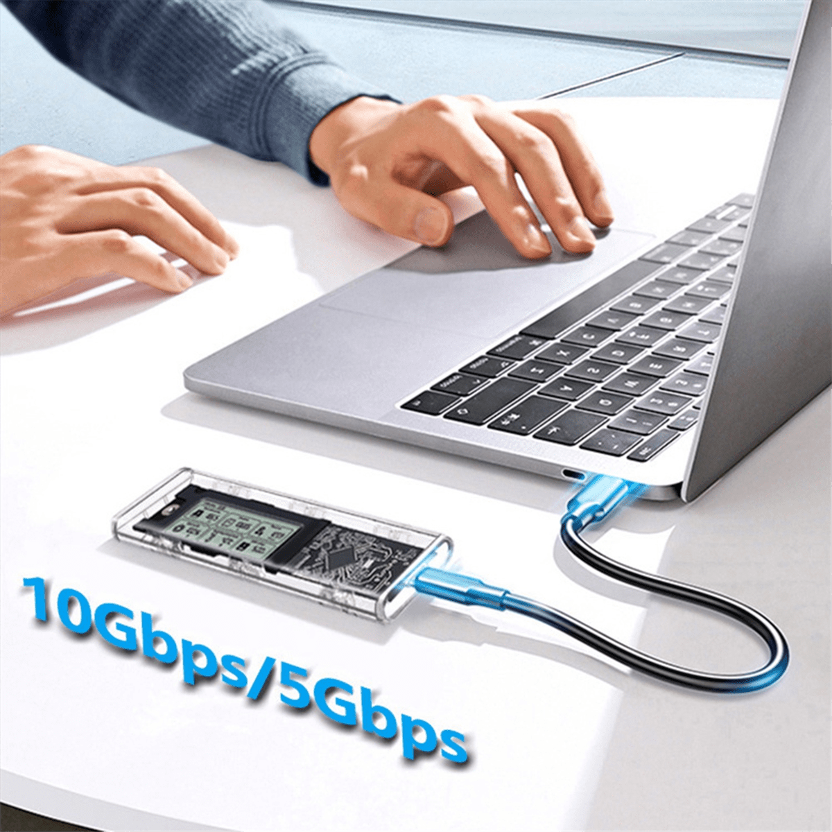 M.2 NVME/NGFF Dual Protocol SSD Enclosure Transparent Hard Drive Case USB3.2 with Intelligent Display SATA SSD Adapter