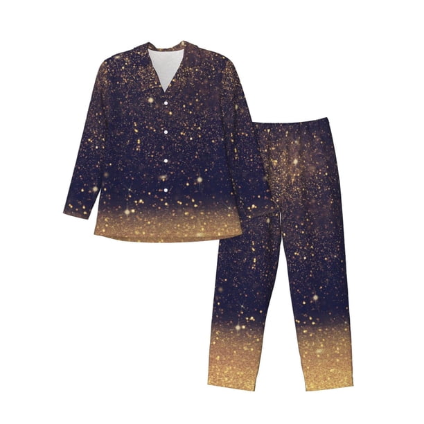 Balery Gold Black Glitter Pijama para Hombre de Dos Piezas con Manga Larga, Conjunto de Dormir y Descanso Suave con Bolsillos-Medium