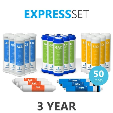 24 Gpd Ro Unit Express Water – 3 Year Reverse Osmosis System Replacement Filter Set – 24 Filters with 50 GPD RO Membrane – 10