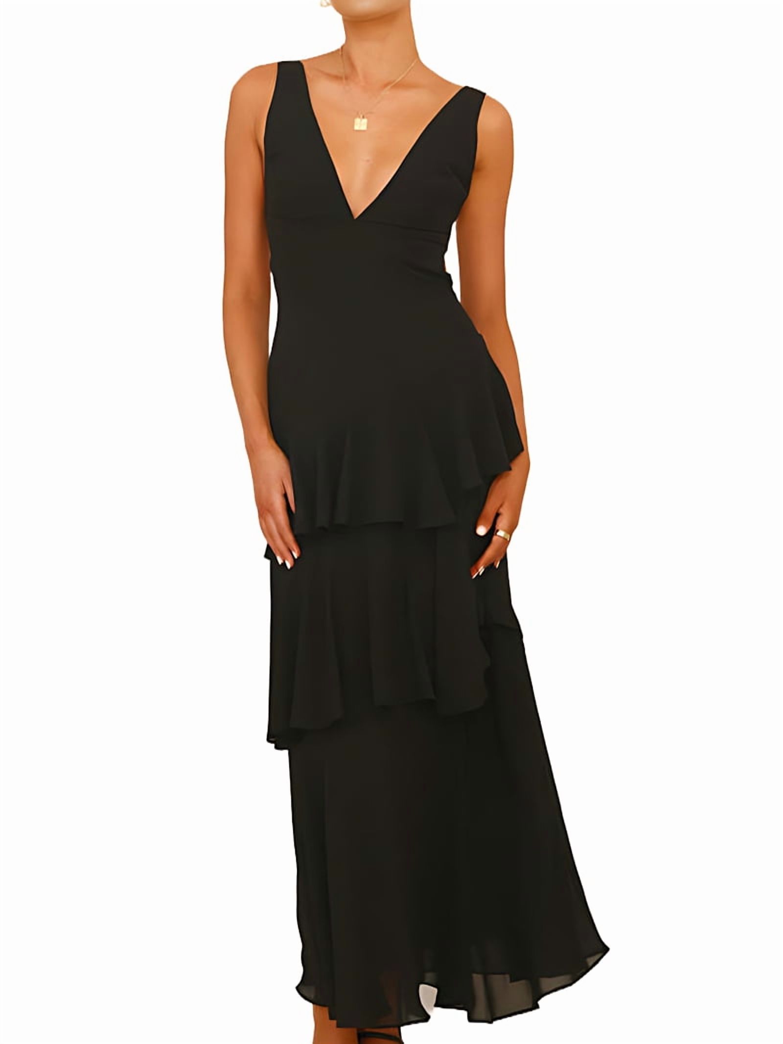 Tiered Chiffon Bridesmaid Dresses for Women Ruffle Formal Evening Dresses Long with Pleated Black L