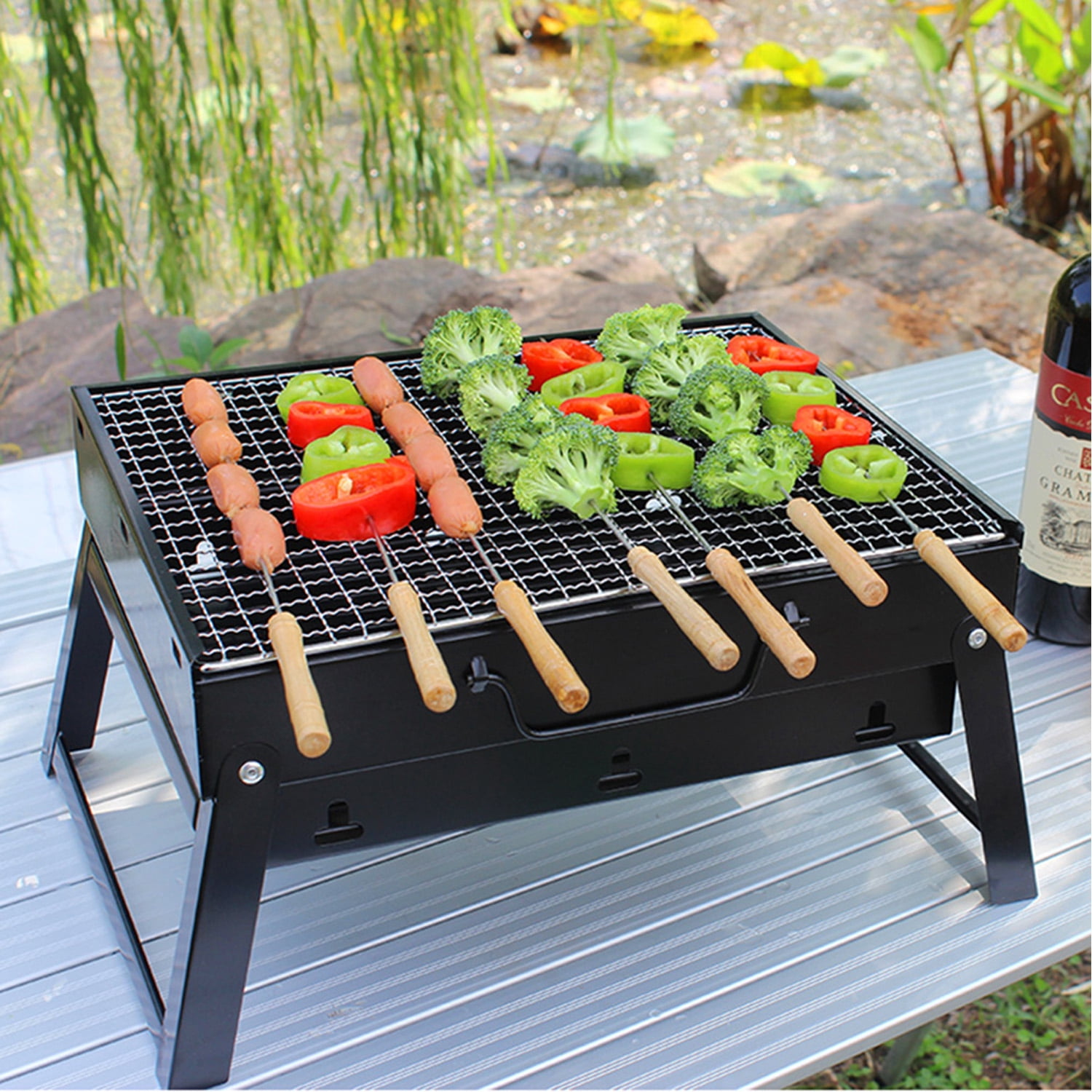 MyLifeUNIT Portable Charcoal Grill Set, Foldable Barbecue Grill with Wire Baskets, Barbecue Branders and Grill Covers