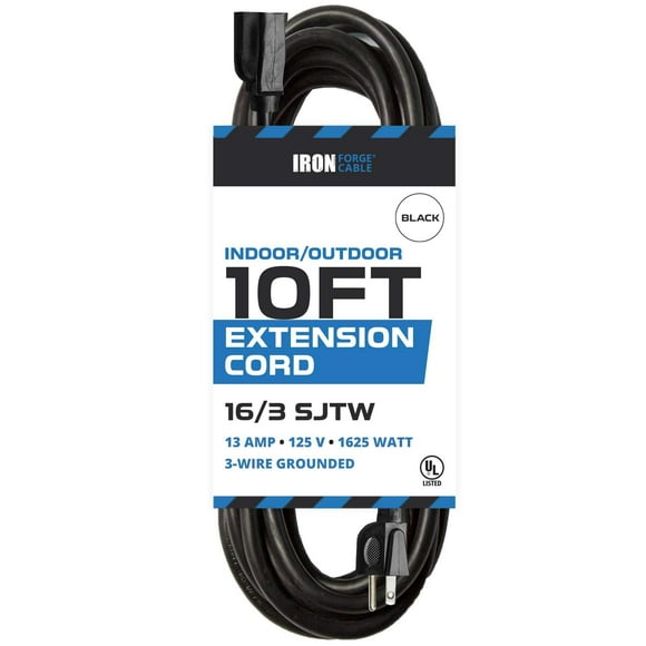 10 Ft Outdoor Extension Cord - 16/3 Durable Black Cable 10 Foot