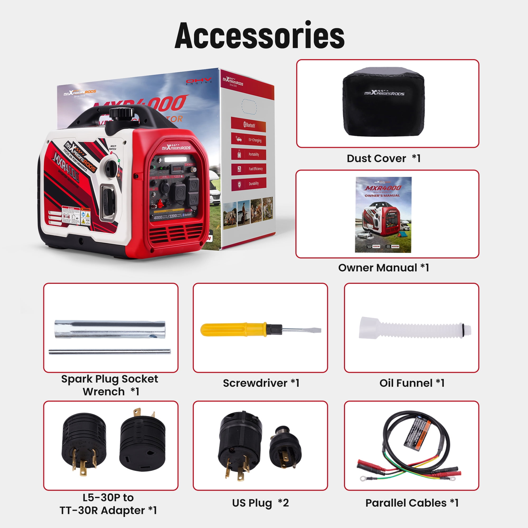 Maxpeedingrods Portable Generator Inverter 4000W/3200W Recoil Start Gasoline Power w/ Bluetooth