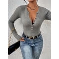 thumbnail image 6 of Women'S Long Sleeve Henley Tops Ribbed Knit Slim Fitted Trendy T Shirt Basic Tees Layer Fashion Outfits Gray S, 6 of 9