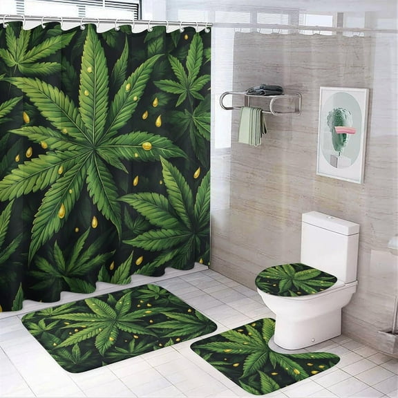 Shower Curtain Sets with Rugs, Cannabis Leaf Pattern Printed on Modern Shower Curtains for Bathroom Set, Perfect for Bathroom Hotel Dorm Spa Home, 72 x 72 inches
