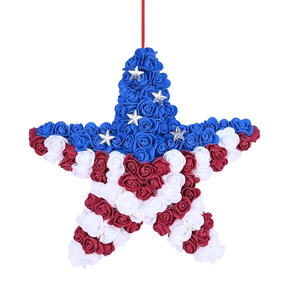 Patriotic Americana Foam Roses Star Wreath 14 Inch Diameter - Red White Blue 4th of July Decor for Door, Indoor Outdoor Memorial Day, Independence Day & Christmas Decoration