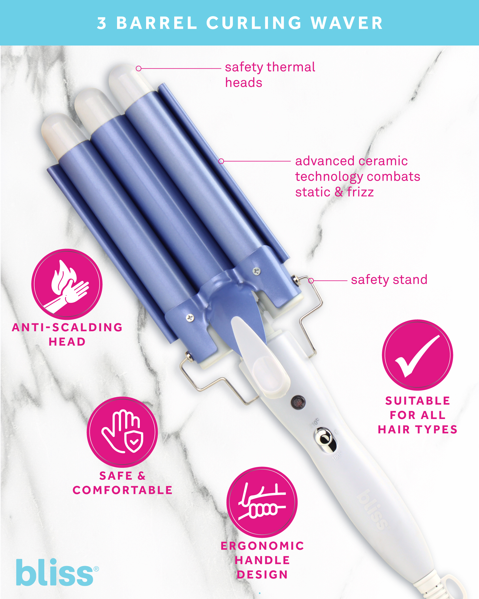 Bliss 3 Barrel Curling Iron - Adjustable Temperature Crimper Hair Tool - Curling Iron for Women