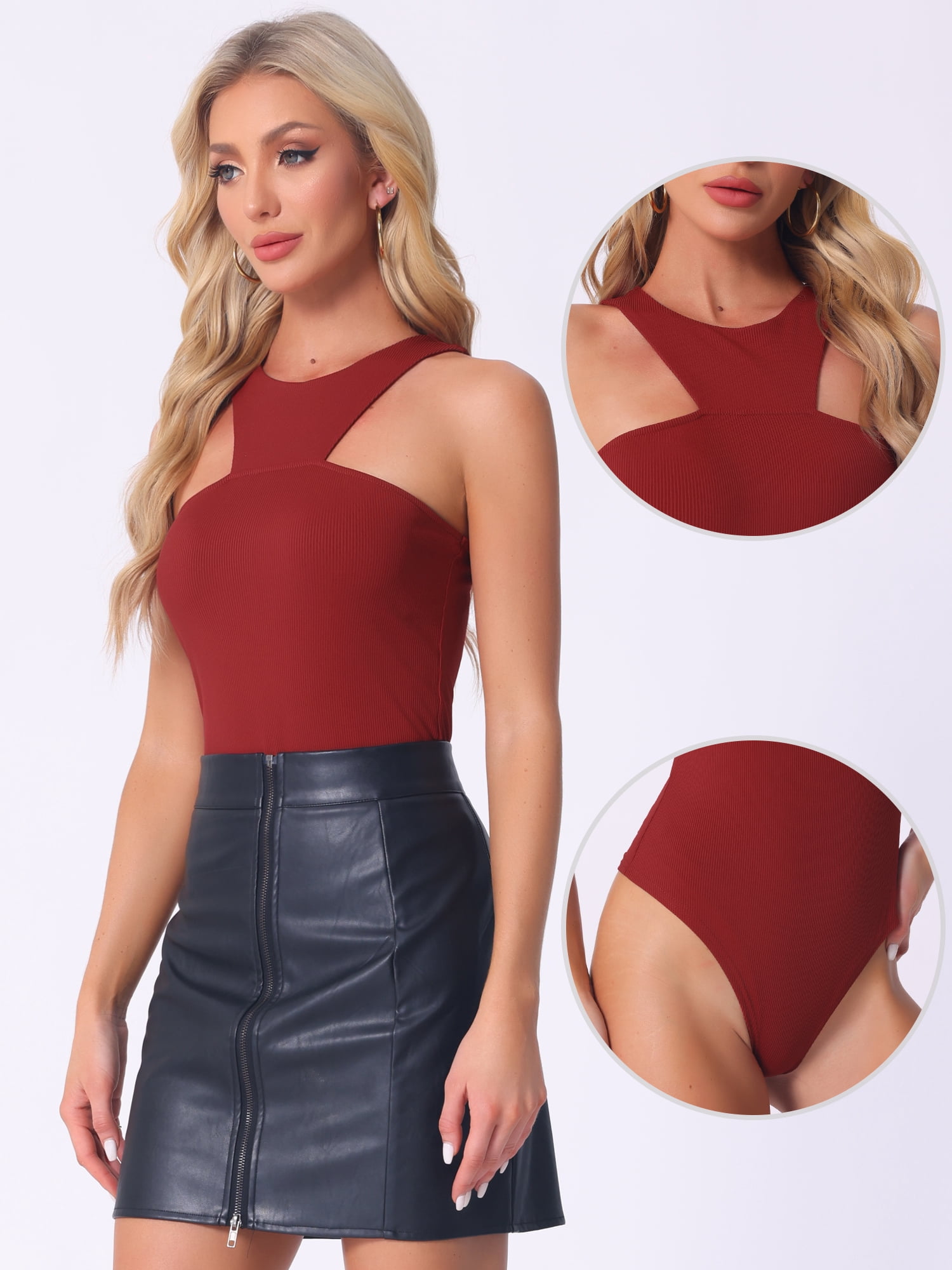 DARING DIVA Sleeveless Asymmetrical Halter Neck Tank Top Bodysuit L Burgundy