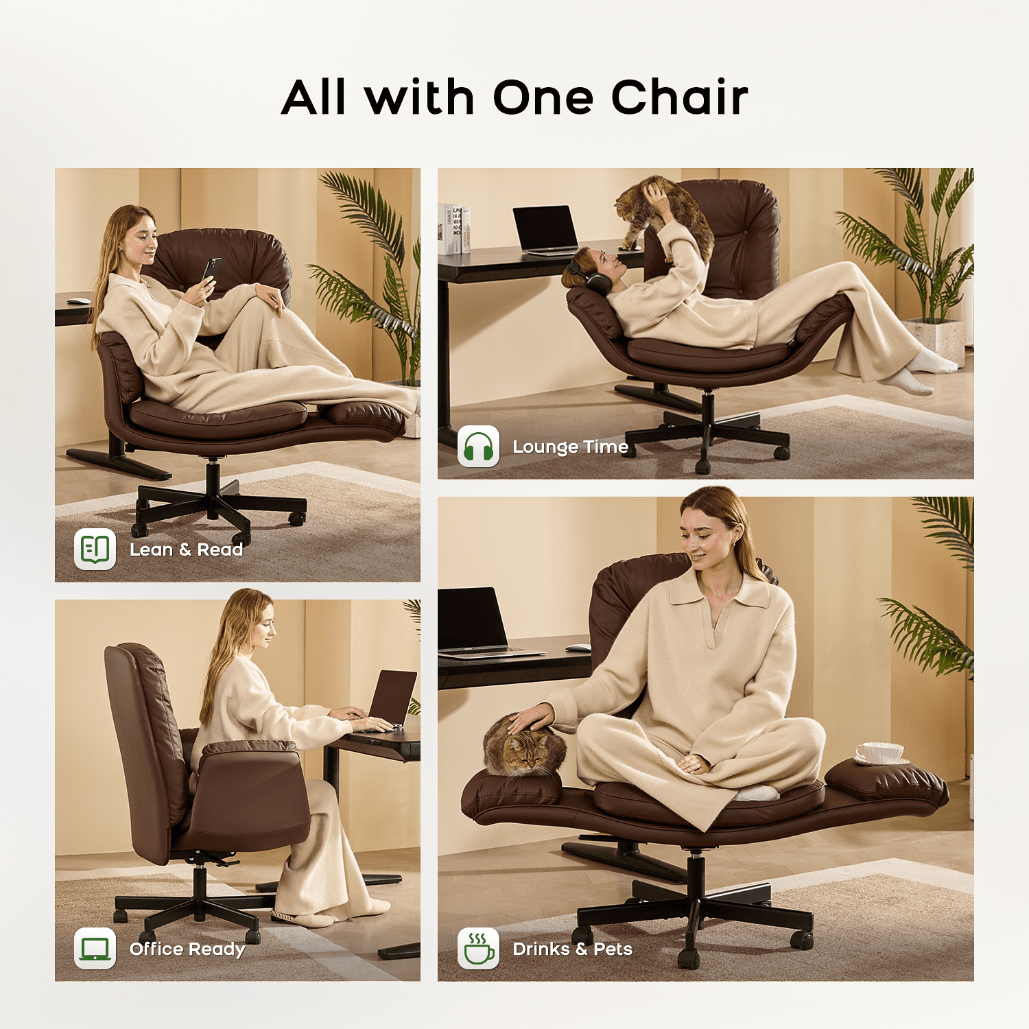 TMV PU Leather Office Chair Criss Cross Chair,Vanity Chair with Armrests & Wheels for Cross-Legged,Adjustable Swivel Desk Chair Wide Rolling Chair for Adults,Brown
