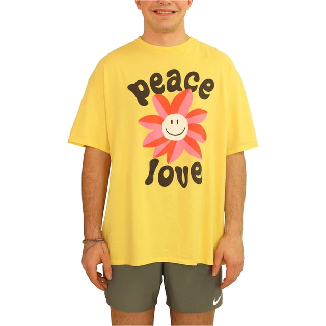Junk Food Mens Peace Love Flower Camiseta gráfica amarilla L
