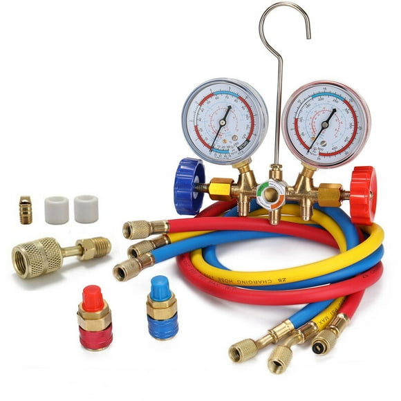 Way Refrigerant Gauge AC Diagnostic Manifold Freon Gauge Set for R134A R12 R22 R502 Refrigerants with Acme Couplers and Adapter